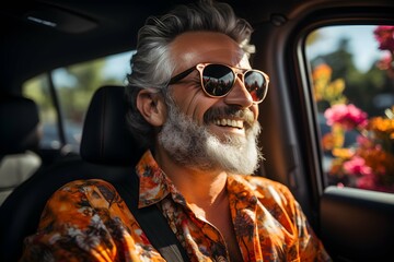 Happy bearded man enjoying a road trip