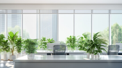 Open space interior with green plants and places for workers, no people, quarantine time, copy space.