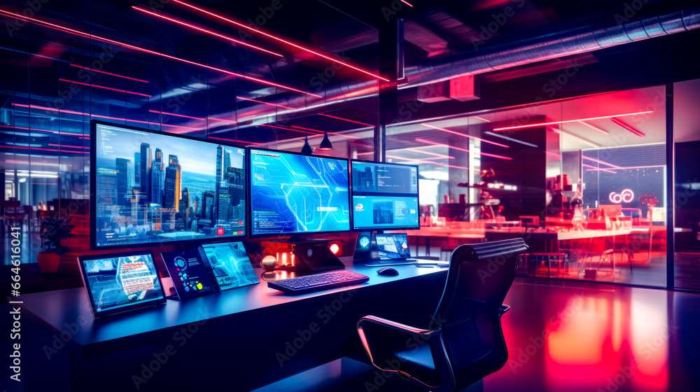 Aufkleber computer desk with multiple monitors and laptop on it in dark room.