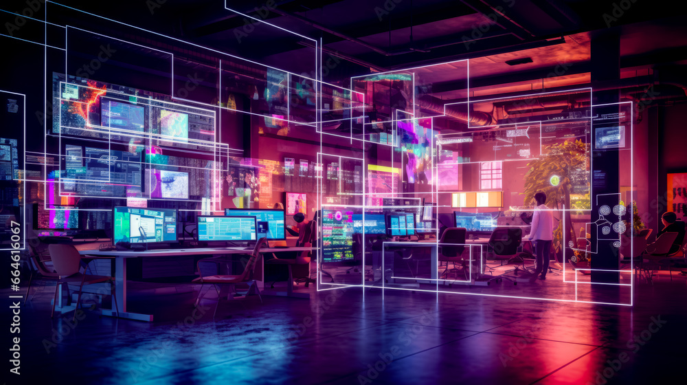 Aufkleber man standing in front of wall of computer monitors in room filled with neon lights.