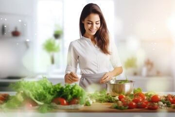 Beautiful positive girl prepares a delicious, healthy dish - obrazy, fototapety, plakaty