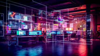 Man standing in front of wall of computer monitors in room filled with neon lights. - obrazy, fototapety, plakaty