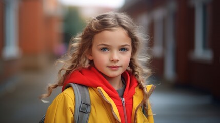 portrait of a schoolchild, girl wearing a backpack, blonde hair braided braids, looking at camera