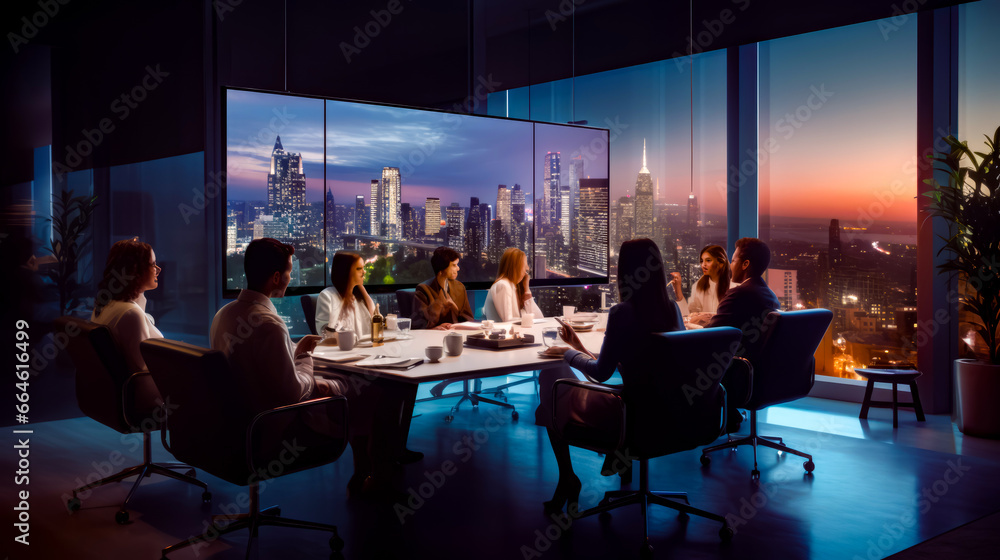 Poster group of people sitting around table in front of large window.