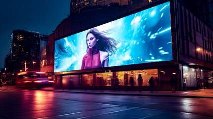 Large billboard on the side of building with woman on it.