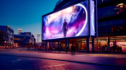 Large billboard on the side of the road with woman in space suit on it.
