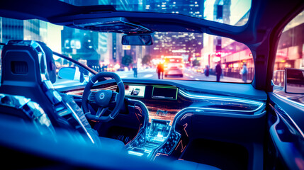 The interior of car with city street in the background at night. - obrazy, fototapety, plakaty