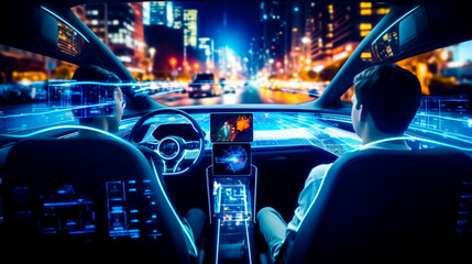 Man driving car at night with view of the city from the driver's seat.