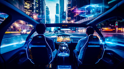 Two people sitting in car looking at futuristic display in the passenger seat.