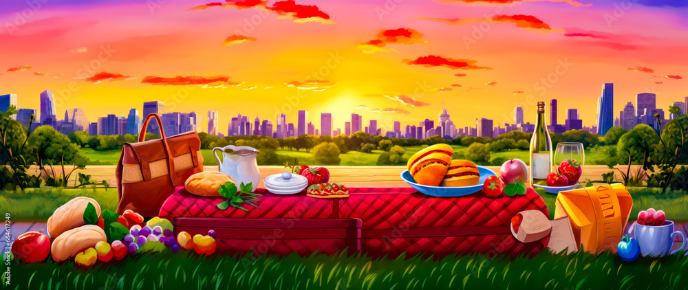 Poster painting of picnic with view of the eiffel tower.