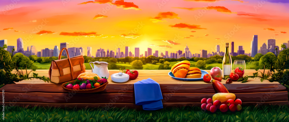 Poster painting of picnic table with view of the eiffel tower.