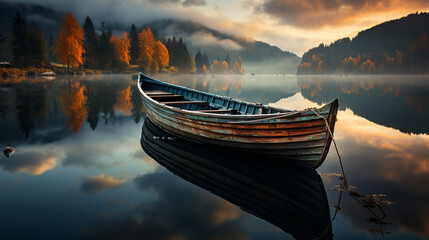 Fototapeta premium boat floating in the water at sunset