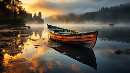 boat floating in the water at sunset
