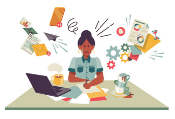 A woman working at her desk. Vector illustration of burnout; stress and anxiety at work. Separated items on a white background.