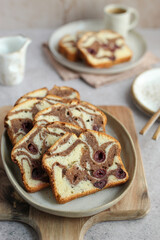 Cherry Chocolate Marble Cake. Cup of coffee. Delicious easy dessert.