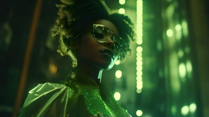 Fotobehang young african ethnicity woman with curly black afro hairstyle at green neon light, stylish female in sunglasses at nightclub, futuristic portrait © goami