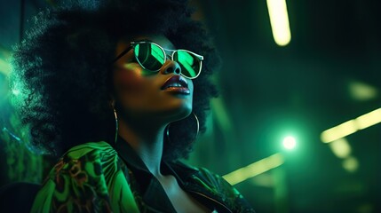 young african ethnicity woman with curly black afro hairstyle at green neon light, stylish female in sunglasses at nightclub, futuristic portrait - obrazy, fototapety, plakaty