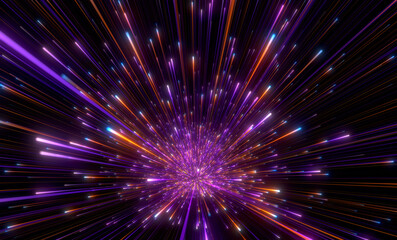 Abstract background in orange and purple neon glow colors. Speed of light in galaxy. Explosion in universe. Space background for event, party, carnival, celebration, anniversary or other. 3D rendering