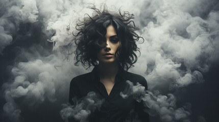 young beautiful girl, portrait in the smoke of the clouds, black background