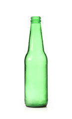 One opened empty green glass bottle isolated on white background