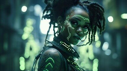 futuristic african female cyborg or warrior, afro future woman concept