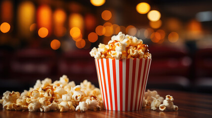 a striped red and white bucket of popcorn stands against the backdrop of a cinema hall, movie, food, day off, snack, fun, entertainment, pack, corn, fast food, film, cafe, lights, treat, bag, party