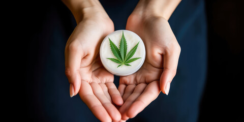Cannabis cream with marijuana leaf in woman hands. Concept of herbal alternative medicine, CBD oil, pharmaceutical industry, cannabis cosmetics.	 - obrazy, fototapety, plakaty