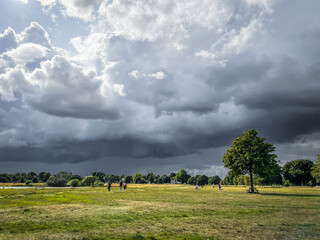 View of people walking in Wimbledon Common on an overcast day - 664618251