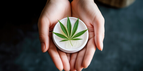 Cannabis cream with marijuana leaf in woman hands. Concept of herbal alternative medicine, CBD oil, pharmaceutical industry, cannabis cosmetics.	 - obrazy, fototapety, plakaty