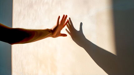 Two hands reaching for each other in front of white wall with the shadow of person's hand.