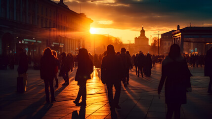 Group of people walking down street at sunset or dawn with clock tower in the background.