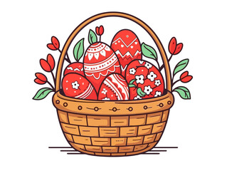 Doodle Easter basket with red eggs, cartoon sticker, sketch, vector, Illustration, minimalistic