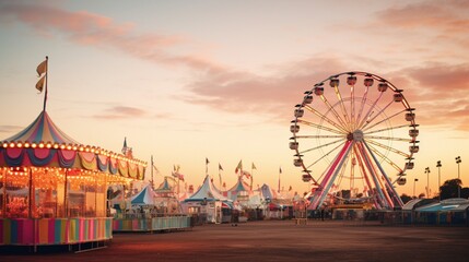 a timeless vintage fairground, complete with a Ferris wheel, cotton candy, and colorful bunting against a sunset sky. - obrazy, fototapety, plakaty