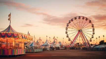 Fotobehang a timeless vintage fairground, complete with a Ferris wheel, cotton candy, and colorful bunting against a sunset sky. © Fahad