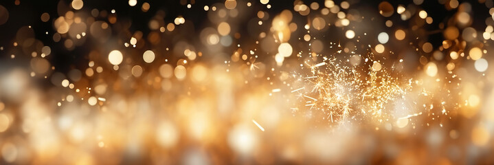 Naklejka premium Gold fireworks and bokeh in new year eve and copy space. abstract background holiday. Banner