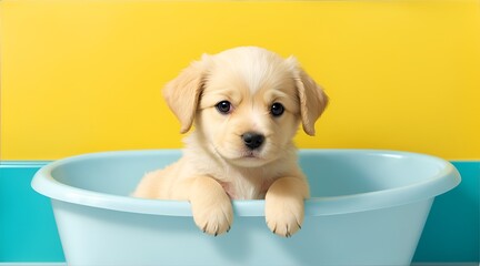 puppy in bathtub, yellow background