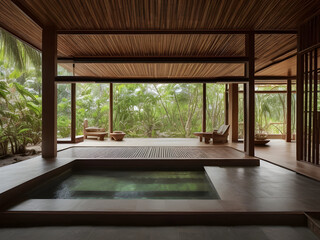 Luxury swimming pool in a cabin house made out of woods