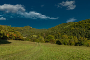 Fototapeta na wymiar Meadows and hills in Strazovske hills in autumn cloudy day with green colors