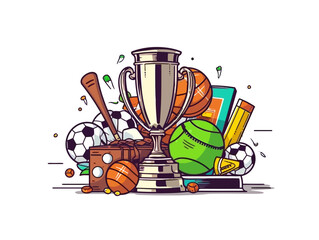 Doodle Trophy with sports equipment, cartoon sticker, sketch, vector, Illustration, minimalistic