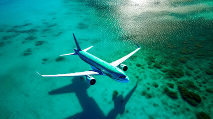 Large jetliner flying over the ocean on top of body of water.