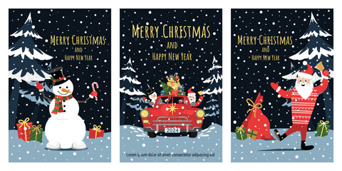 A set of posters for Christmas and New Year. Vector images of Santa Claus, snowman.