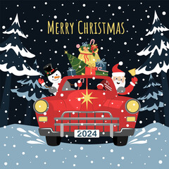 Santa Claus and a snowman are driving a car.