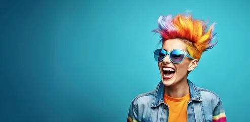 Tuinposter Young woman with colourful dyed hair, screaming or shouting. Wide banner copy space on side. Generative AI © Lubo Ivanko