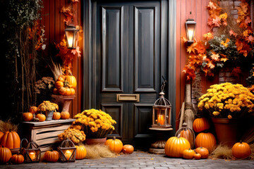 Traditional style front porch decorated Different coloured  pumpkins for autumn holidays,  giving an inviting atmosphere.