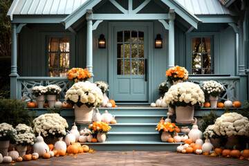 Obraz premium Traditional style front porch decorated Different coloured pumpkins for autumn holidays, giving an inviting atmosphere.