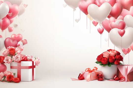 Framing border with romantic ornament with balloon, rose and gift are arranged around empty picture frame on white background backdrop and copy space.  Mock up for Valentine's Day.