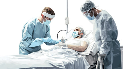 A doctor wearing protective gear stands in a hospital hallway, ready to treat patients.