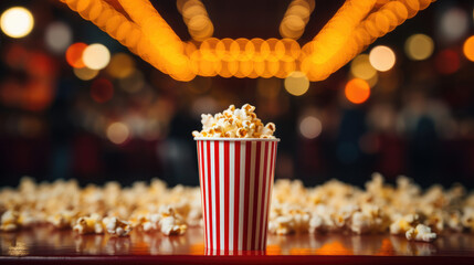 a striped red and white bucket of popcorn stands against the backdrop of a cinema hall, movie, food, day off, snack, fun, entertainment, pack, corn, fast food, film, cafe, lights, treat, bag, party