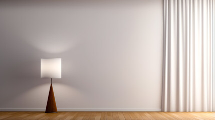 Empty room with lamp on wooden floor and white wall.