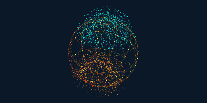 Abstract Pattern with Neuron Network. Science Global Concept in the Form Circle on Black Background. Futuristic Wireframe Geometric Grid. 3d Explosion Molecule Effect.